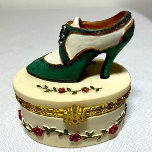 Elegant Green and White Shoe Trinket Box. Fun -  shoe or trinket box collection.